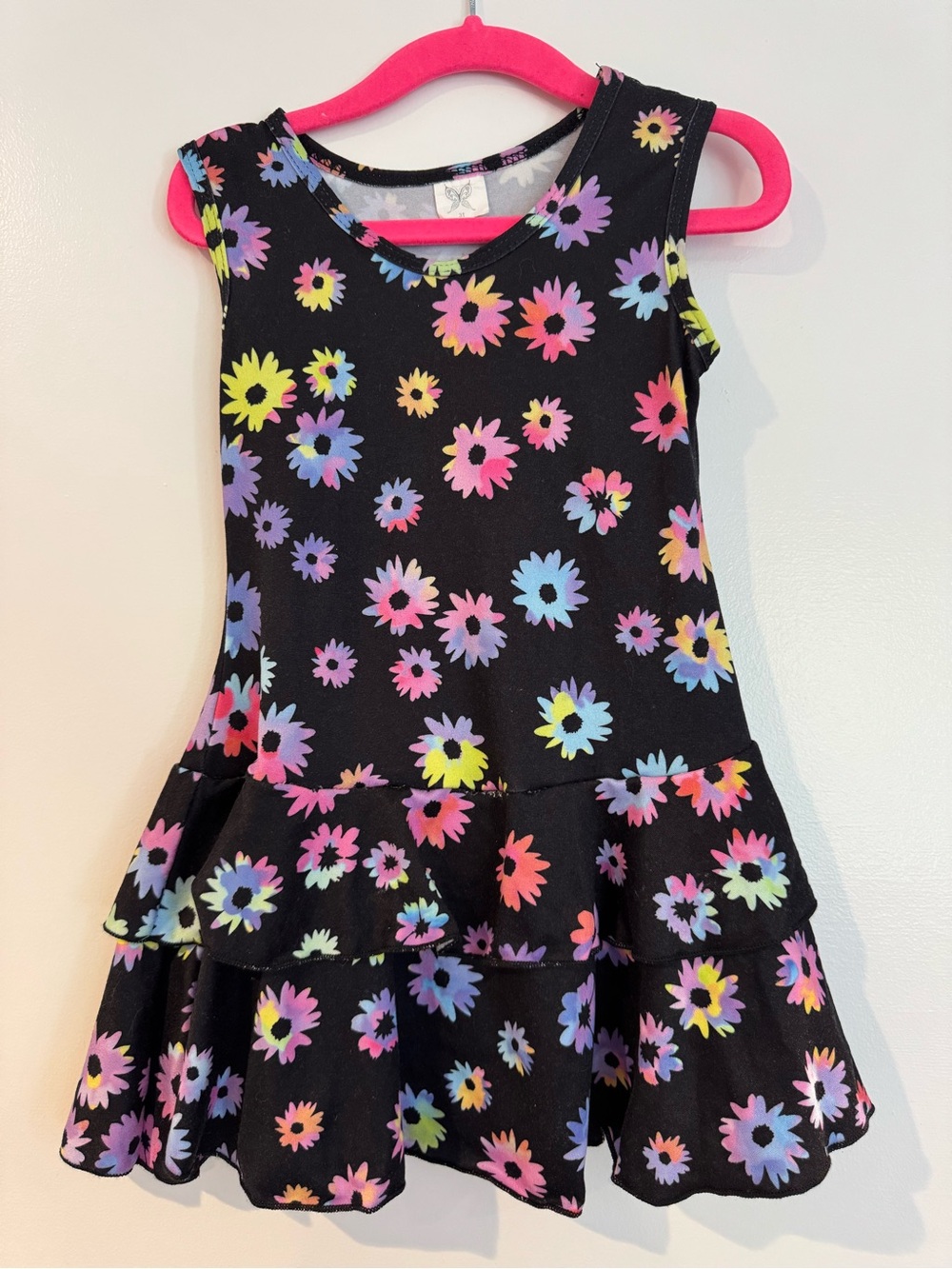 Girls' Black Floral Tiered Dress with Multicolor Daisies